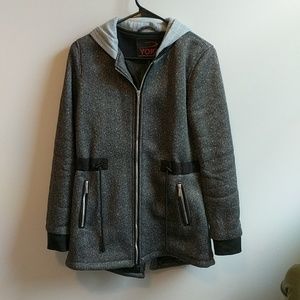 Grey and black long jacket.